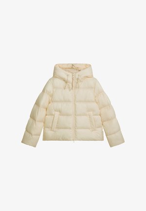 Kremowa puchowa kurtka z kapturem, z zamkiem błyskawicznym z przodu, bocznymi kieszeniami i pikowanym wzorem w formie pudełkowej. Gładki, wyściełany materiał.