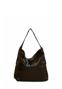 Hnedá kožená hobo taška so zloženým dizajnom. Obsahuje hladkú textúru, zipsovú kapsu a modrý akcent na popruhu.