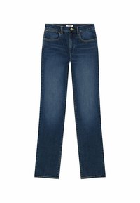 Mörkblå denimjeans med rak passform, fem fickor och guldstickningar som accent. Inga synliga slitningar eller mönster.