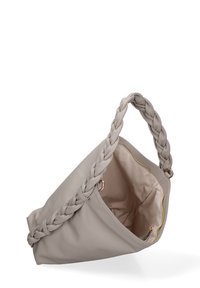 Borsa a tracolla in pelle grigia chiara con manico intrecciato e design morbido e non strutturato. L'interno presenta una zip dorata e una fodera in tessuto liscio.