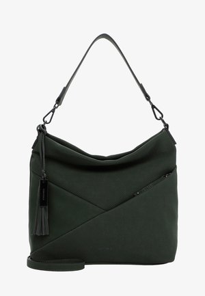 Sac vert foncé en tissu texturé avec un design décontracté. Comprend une poche zippée, un ornement en pampille et une bandoulière réglable.