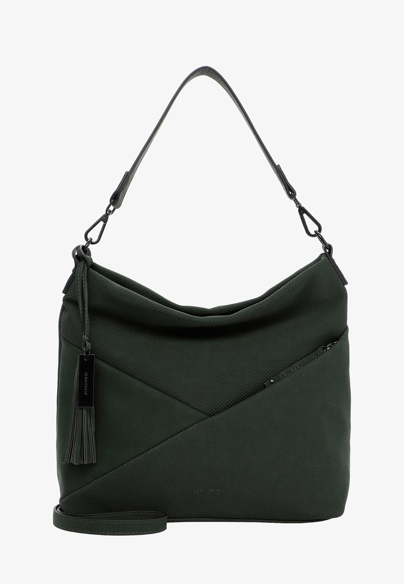 Sac vert foncé en tissu texturé avec un design décontracté. Comprend une poche zippée, un ornement en pampille et une bandoulière réglable.