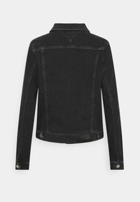 Black denim jacket with a collar, long sleeves, and buttoned cuffs. Features a straight cut and subtle stitching details on the back.