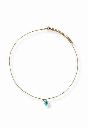 Delicate gold chain necklace with adjustable clasp, featuring a small turquoise blue beaded flower pendant at the center.
