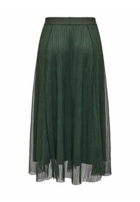Falda verde plisada con un diseño fluido, hecha de una tela ligera. Presenta una cintura lisa y un acabado de capas semitransparentes.