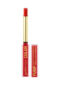 Lucidalabbra rosso in un tubo trasparente con applicatore arrotondato. Accenti dorati sul tappo e sulle etichette per i dettagli del marchio.