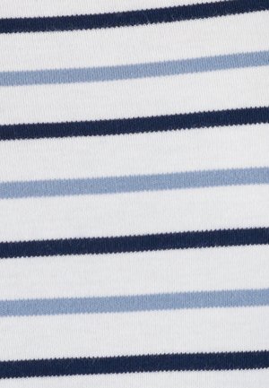 Witte stof met afwisselend horizontale marineblauwe en lichtblauwe strepen, gelijkmatig verdeeld.