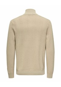 Pulover din tricotaj de culoare bej deschis, cu un model în zigzag, guler înalt și tiv și manșete cu nervuri. Textură moale, mâneci lungi, design casual.