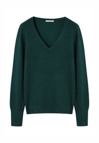 Pull vert col en V en tissu doux, avec manches longues, poignets côtelés et coupe décontractée. Design minimaliste sans motifs visibles.