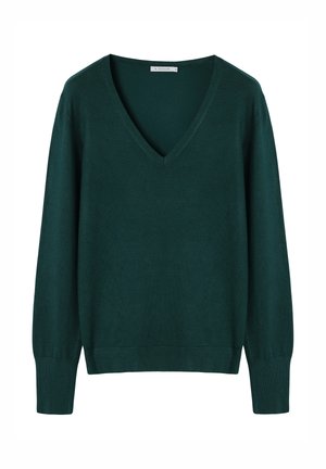 Zöld V-nyakú pulóver puha anyagból, hosszú ujjakkal, bordázott mandzsettákkal és laza szabással. Minimalista design, látható minták nélkül.