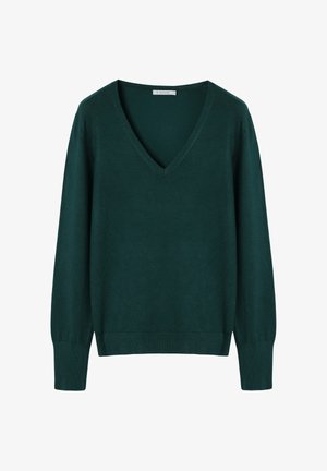 Pull vert col en V en tissu doux, avec manches longues, poignets côtelés et coupe décontractée. Design minimaliste sans motifs visibles.