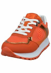 Orange athletic shoe with mesh and synthetic materials, white laces, metallic accents, and a textured sole for grip.