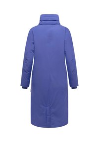 Blue long winter coat with high collar, straight cut, and long sleeves, shown from the back.