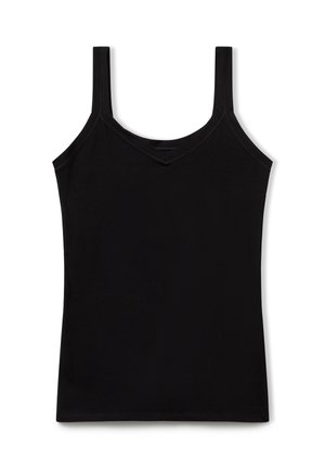 Top nera senza maniche realizzato in tessuto morbido, con scollatura a V, spalline sottili e un design aderente. Senza motivi né dettagli.