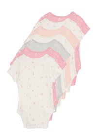 Set aus sechs Babystramplern in Pink, Weiß und Grau mit Blumenmustern. Weicher Baumwollstoff, mit kurzen Ärmeln und Druckknopfverschluss an der Unterseite.