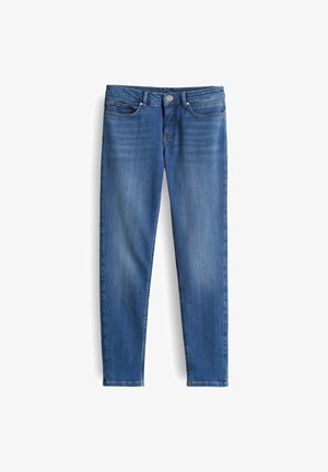 Schmal geschnittene Jeans aus mittelblauem Denim mit einem Standardbund, einem Fünf-Taschen-Design und leichter Ausbleichung an den Oberschenkeln für Textur.