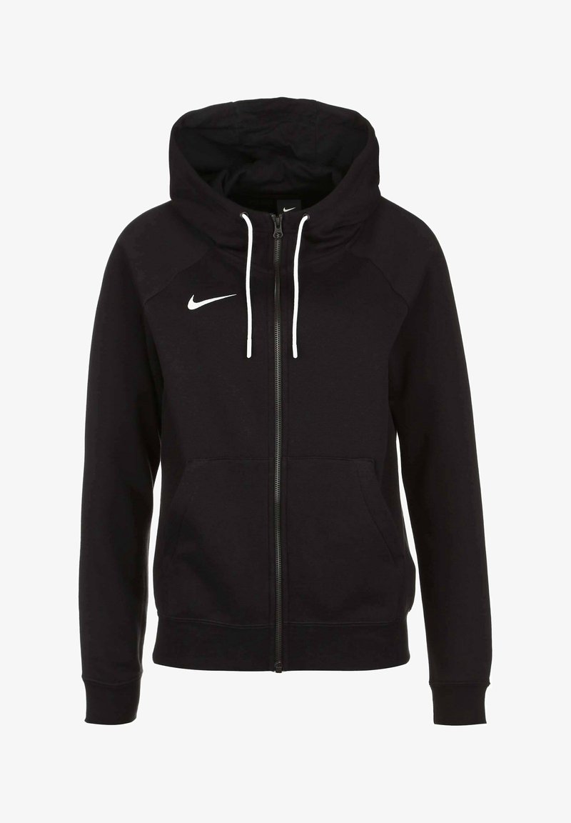 Sweat à capuche noir avec fermeture éclair, cordons blancs et logo Nike swoosh blanc sur la poitrine gauche, doté de poches avant et de poignets côtelés.