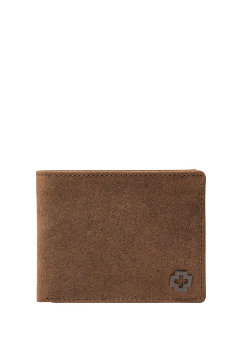 Bruine leren portemonnee met een gladde textuur, bi-fold ontwerp en een subtiele logo in de hoek. Kenmerken zijn gestikte randen en een klassieke vorm.