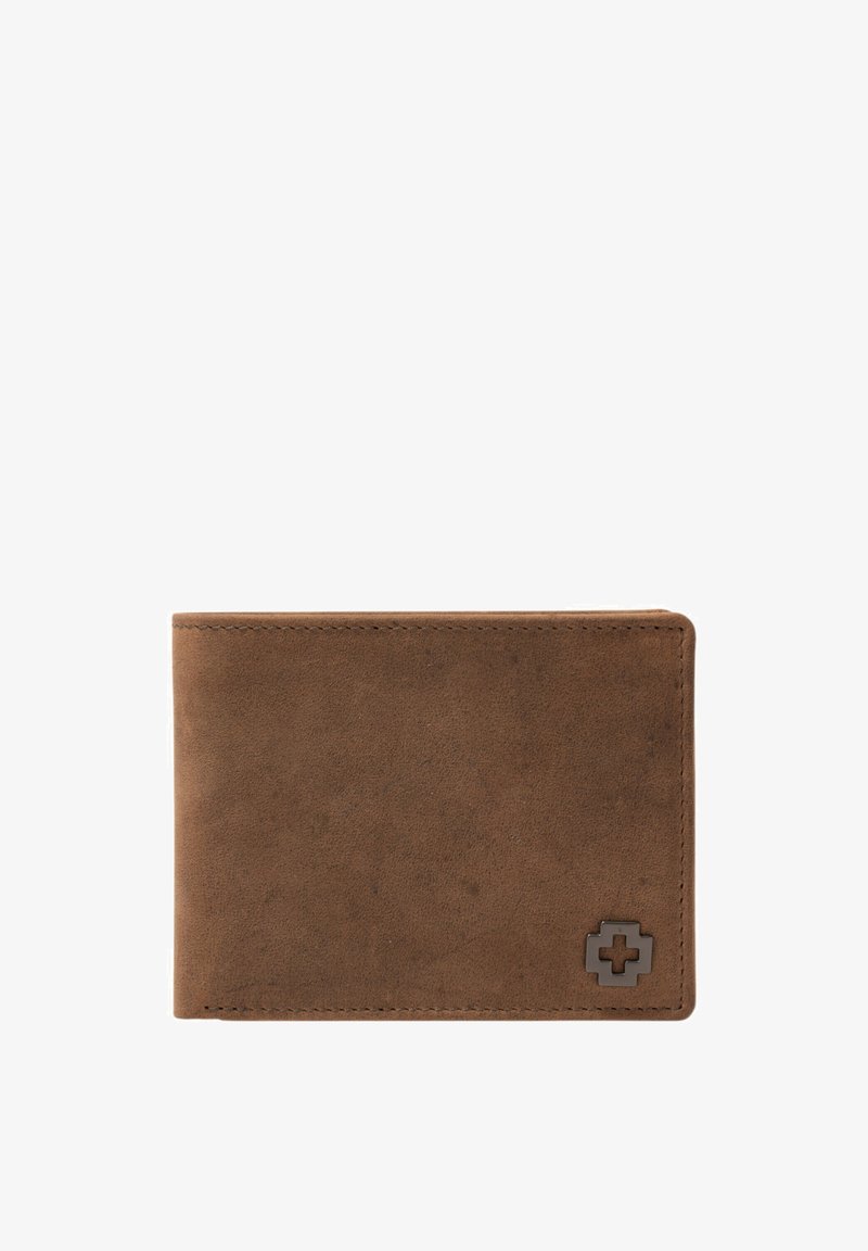 Bruine leren portemonnee met een gladde textuur, bi-fold ontwerp en een subtiele logo in de hoek. Kenmerken zijn gestikte randen en een klassieke vorm.