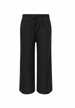 Pantaloni neri a gamba larga con cinturino regolabile in vita, tessuto morbido e un motivo decorativo sul lato. Design casual e flessibile.