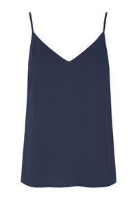 Top sin mangas de color azul marino con escote en V. Tejido suave y ligero, con tirantes delgados y dobladillo recto.