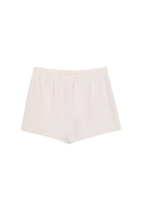 Bílé bavlněné šortky s elastickým pasem, které mají hladkou texturu a jednoduchý, zdobení prostý design.