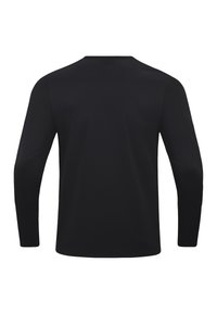 Chemise noire à manches longues en tissu texturé et respirant, avec un col arrondi et des manches ajustées. Design simple, sans motifs ni accents visibles.