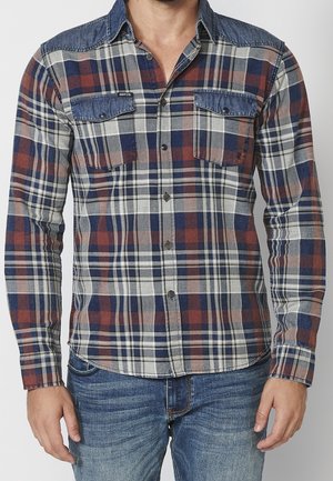 Mand iført en ternet skjorte med lange ærmer og blå denimdetaljer på lommerne og skuldrene, kombineret med blå jeans.