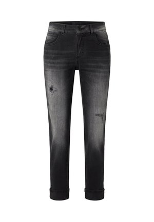 Zwarte, vervaagde skinny jeans met subtiele slijtage, opgerolde pijpen en klassiek vijfzakkenmodel.