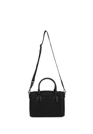 Sac à main rectangulaire noir avec doubles poignées supérieures et bandoulière longue réglable, design sobre, fermeture éclair.