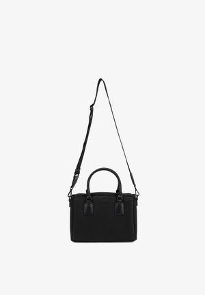 Sac à main rectangulaire noir avec doubles poignées supérieures et bandoulière longue réglable, design sobre, fermeture éclair.