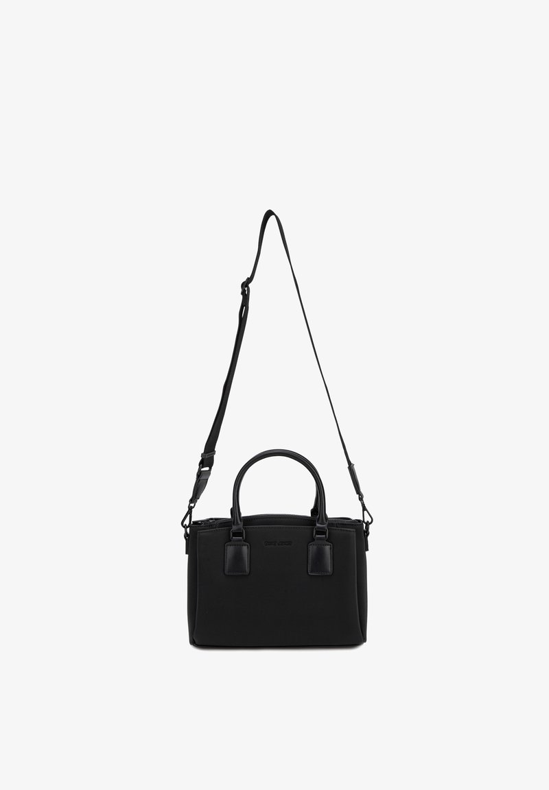 Sac à main rectangulaire noir avec doubles poignées supérieures et bandoulière longue réglable, design sobre, fermeture éclair.