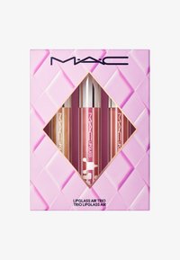 Trio di Lipglass MAC in una scatola rosa testurizzata. Tre tubi di lucidalabbra in gradiente: bronzo, rosa e corallo scintillante esposti in un'intaglio a forma di diamante.