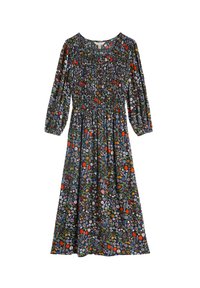 Bloemenprint jurk met een donkere achtergrond, smock-borstvoeding en driekwart pofmouwen. Gemaakt van lichtgewicht stof met levendige kleuren.