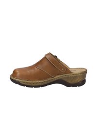 Brown leather clogs with a rounded toe and a cushioned insole. Features a stitched strap and a textured detail on the midsole.
