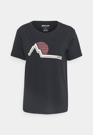 Czarny t-shirt z krótkim rękawem z białym zygzakowatym motywem górskim i bordo słońcem za nim, z napisem "Burton" z przodu.