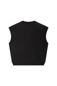 Svart ermeløs strikkegenser med rund hals. Har ribbede kanter og en teksturert bakside, laget av mykt stoff med minimale detaljer.