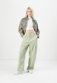 Cargo pants in light green with two side pockets and a button front. Paired with a cropped white shirt and a gray denim jacket.