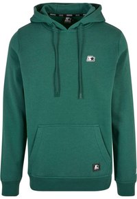 Felpa verde con cappuccio realizzata in morbido tessuto, dotata di tasca a marsupio, cappuccio con lacci e un piccolo logo sul petto.