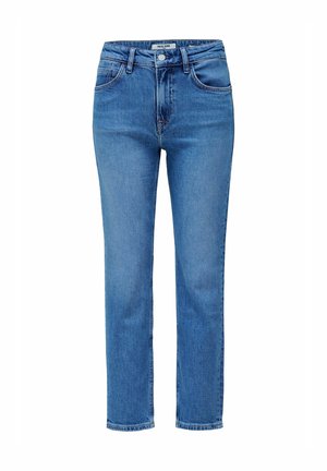 Vaqueros azul rectos con tiro alto, cierre delantero de botón y cremallera, y diseño de cinco bolsillos, mostrados sobre fondo blanco.