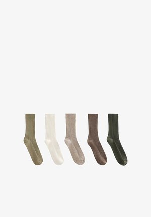 Five pairs of ribbed socks displayed in olive green, white, tan, brown, and dark green, showcasing a textured fabric and seamless design.