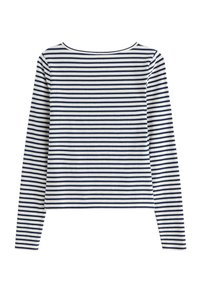 Långärmad topp med vita och mörkblå ränder, har en rund halsringning och ribbad textur. Den är croppad med en rak fåll.