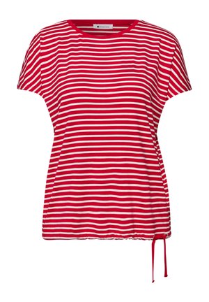 Maglietta a maniche corte a righe orizzontali rosse e bianche con scollo rotondo e orlo regolabile con coulisse su sfondo bianco.