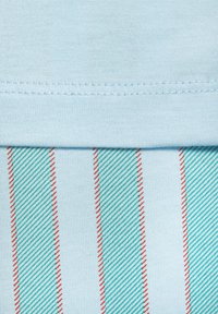 Hellblauer Baumwollstoff mit horizontalen Streifen in Teal und Rot. Die Textur ist glatt, mit feinem Strick und präzisen Nähdetails.