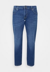 Blue straight-leg jeans with front button, belt loops, and five pockets on a plain white background.