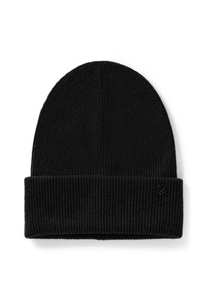 Zwarte geribbelde gebreide beanie met een omgeslagen rand en subtiel merkimpressie aan de zijkant. Zachte textuur, strak aansluitend ontwerp.