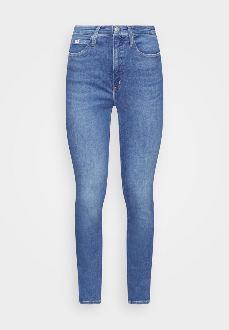 Blaue hoch geschnittene Skinny-Jeans aus Denim-Stoff mit klassischem Fünf-Taschen-Design, Gürtelschlaufen und dezentem Used-Look.