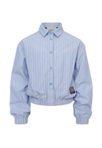 Lichtblauw cropped shirt met verticale witte en oranje strepen, knoopsluiting en elastische onderzoom. Bevat een zijlabel van het merk.