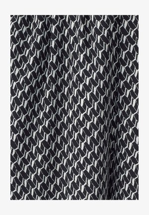Black fabric with a white geometric pattern resembling interlocking shapes, featuring a smooth texture and consistent design throughout.