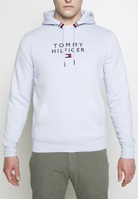 Sudadera de color azul claro con cordones, bolsillo frontal y logotipo bordado "TOMMY HILFIGER". Presenta acentos en rojo y azul marino en los cordones.